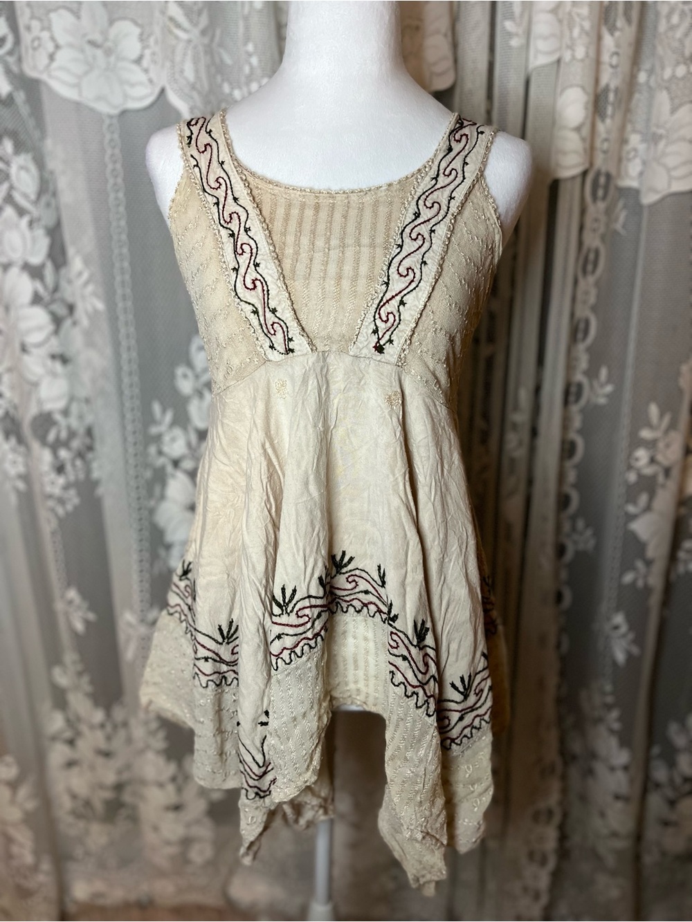 Advance Apparels Cream Embroidered Handkerchief Hem Tank Airy Fairy
